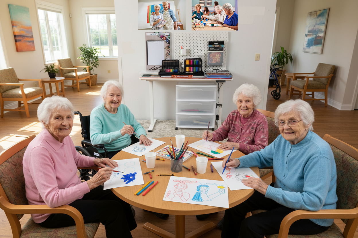Group of elderly women sitting around a table in a care home, engaged in arts and crafts activities.
